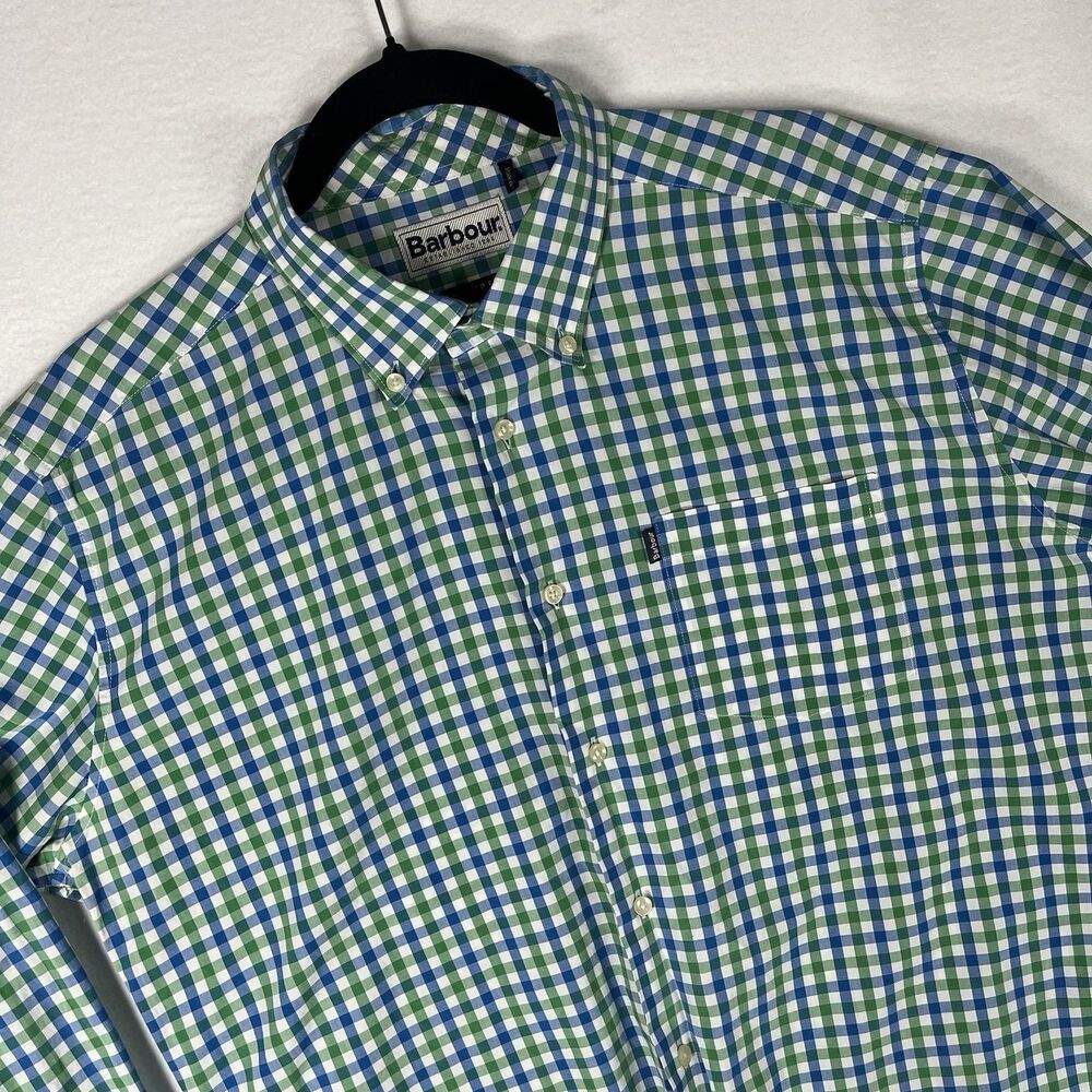 Barbour Men L Bruce Tailored Fit Gingham Button Down Shirt Green Blue MSH3333GN1